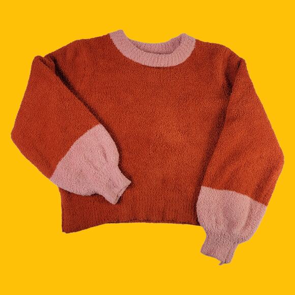 Lauren Conrad Teddy Sherpa Crewneck Sweater Orange Pink Colorblock, M - Picture 1 of 4